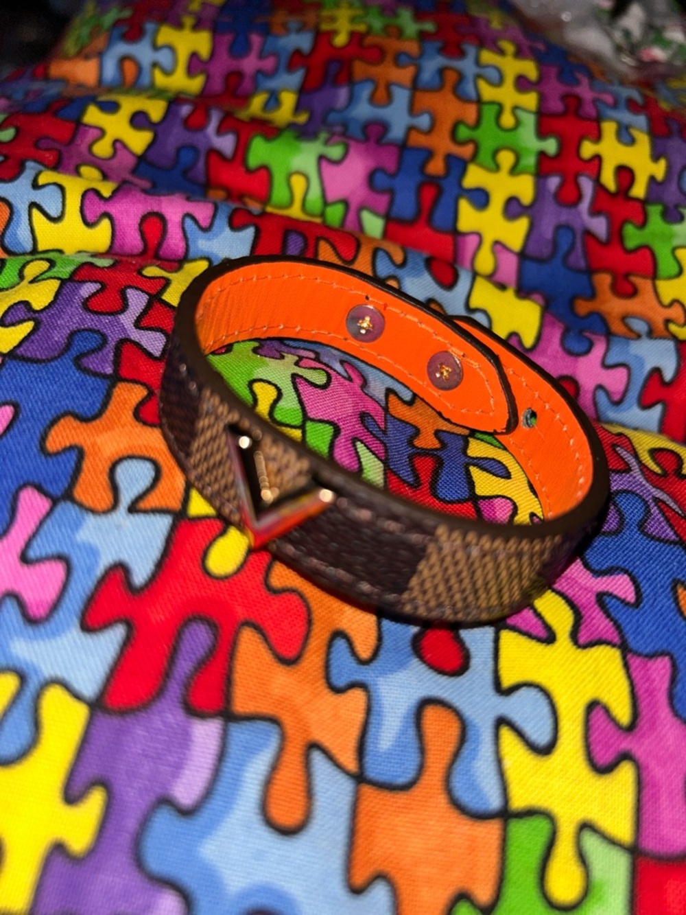 Logo Brown Leather Bracelet with Orange Interior